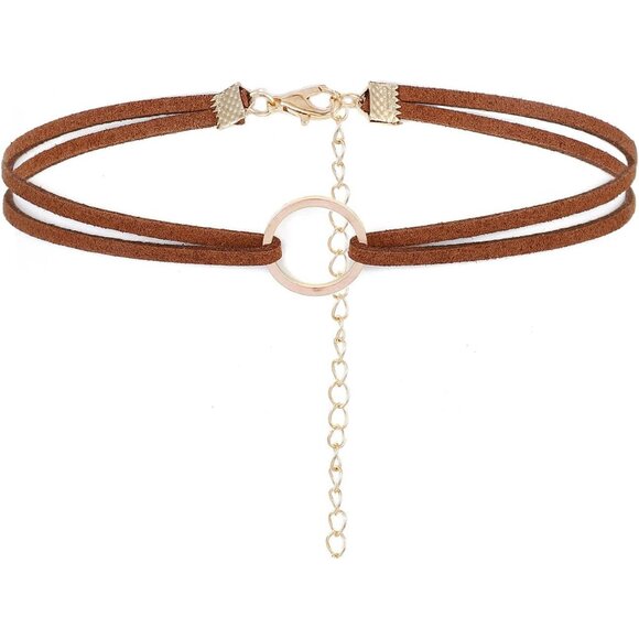 Jewelry - Elegant Gold and Brown Leather Choker Necklace - Perfect Holiday Gift for Women